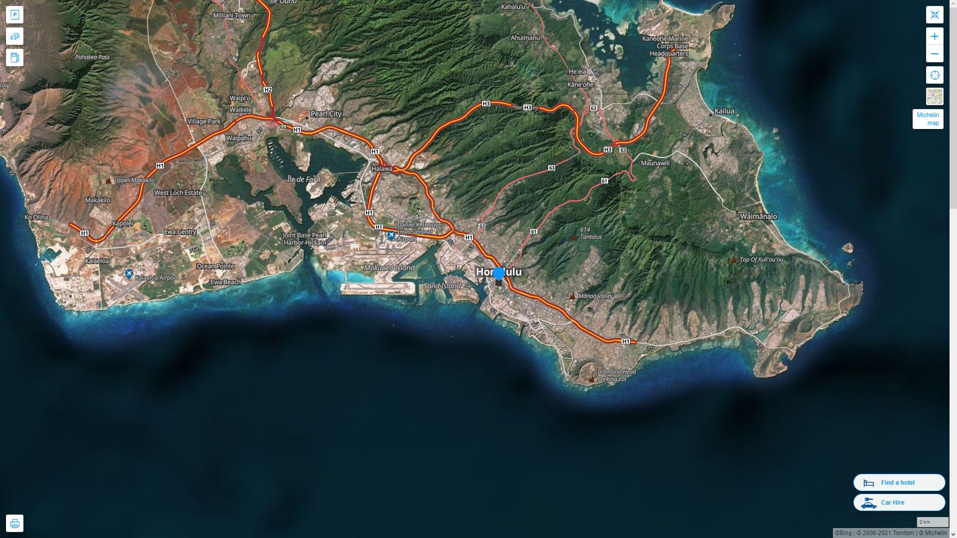 Honolulu Hawaii Highway and Road Map with Satellite View